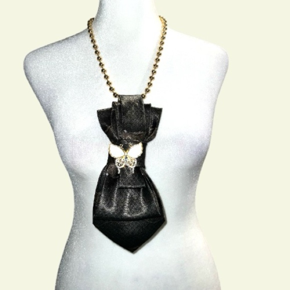 “Dainty Dapper” dark brown necktie Necklace with Butterfly Pendant